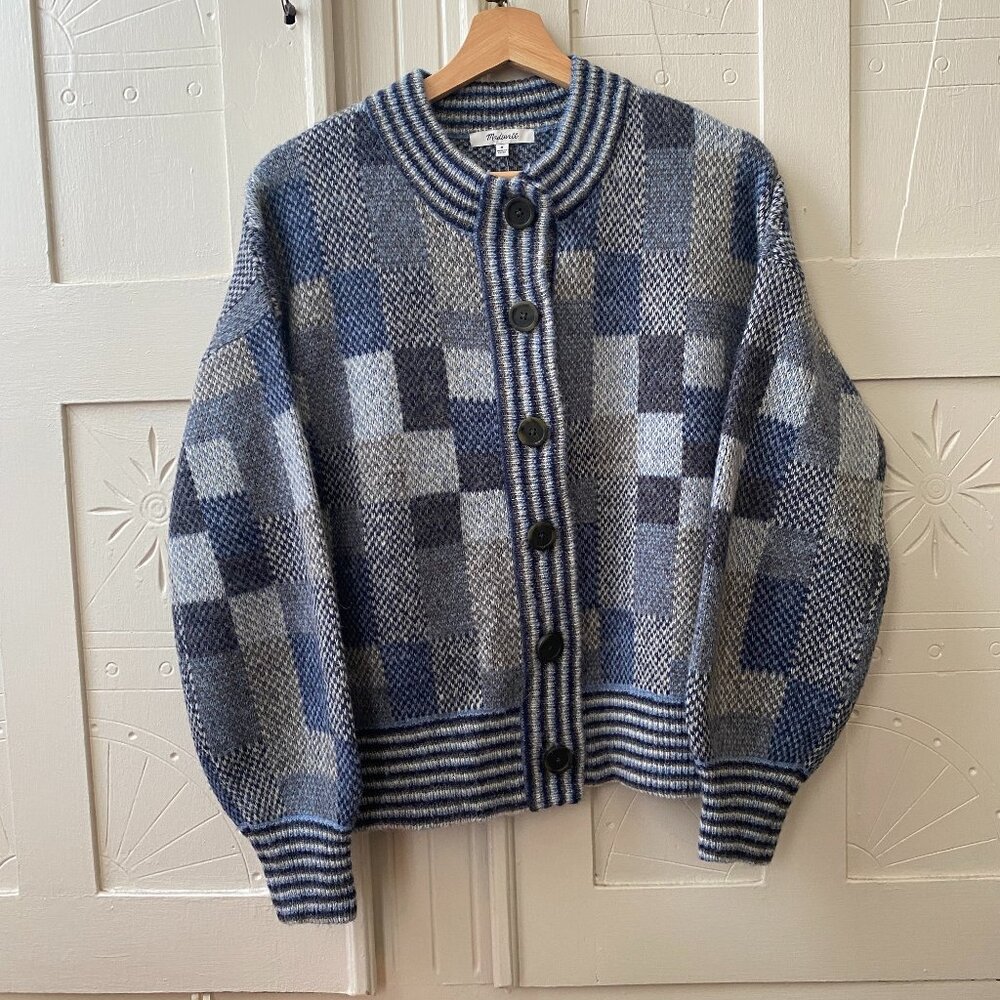 Madewell Patchwork Jacquard Cardigan in Heather Coastline